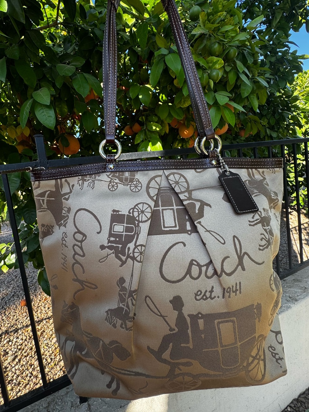 Coach Horse & Carriage Print Satin Tote with Brown Trim Pink Interior 2009